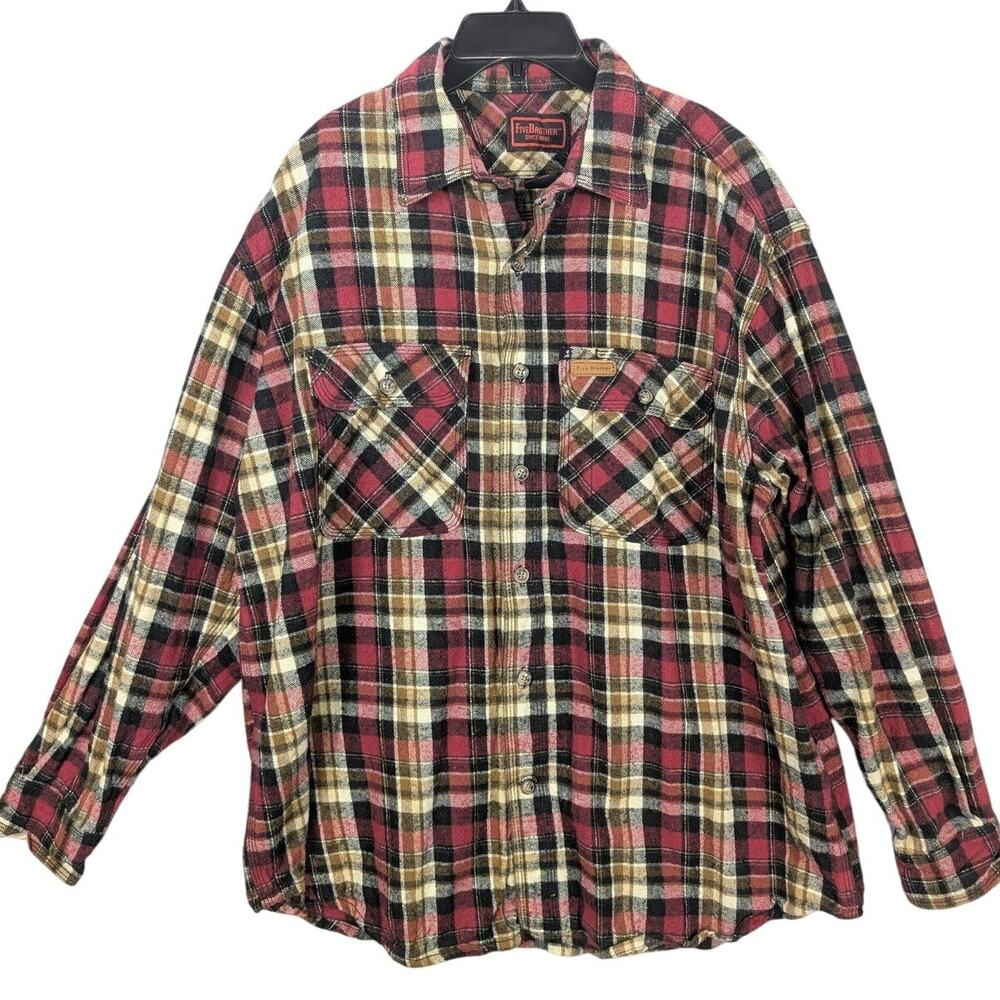Five Brother Shirt Mens XL Red Plaid Flannel Button Up Long Sleeve 100% Cotton